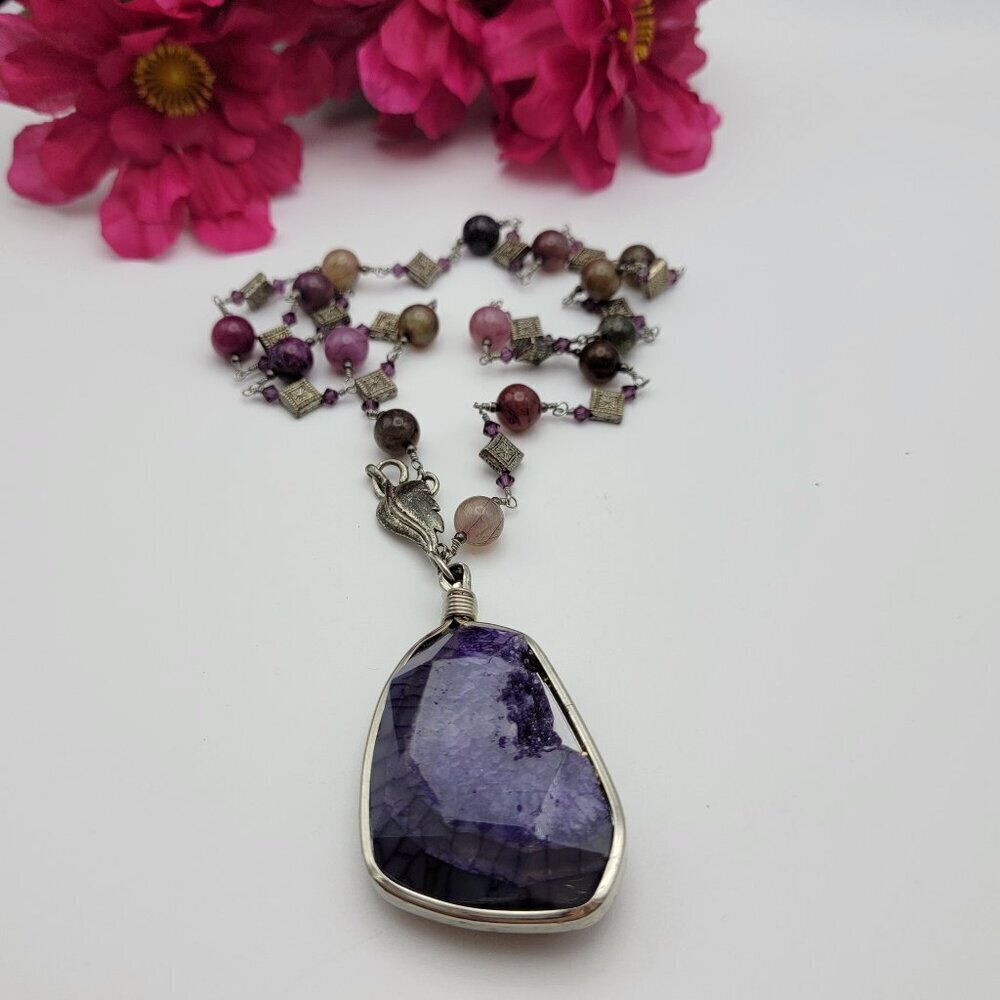 Handcrafted Brutalist Amethyst Statement Pendant Agate Bead Necklace Silver Tone